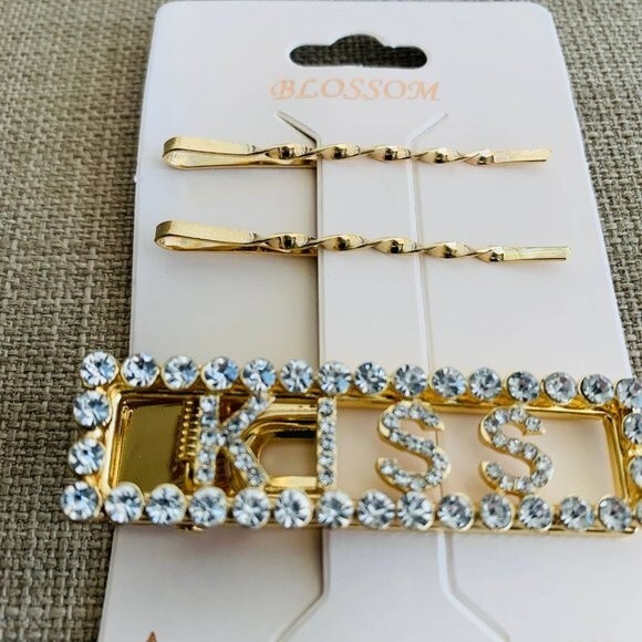 Hair clips fashion pins Rhinestone Gold Deco Hair Clips "KISS" set of 3 PCS - Picture 2 of 7